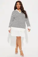 Ivory & Black Striped Mini Dress - Collar Neckline, Long Sleeves, Pleated & Stretch Cotton(Ivory/combo,XS)