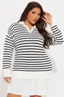 Ivory & Black Striped Mini Dress - Collar Neckline, Long Sleeves, Pleated & Stretch Cotton(Ivory/combo,XS)
