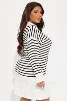Ivory & Black Striped Mini Dress - Collar Neckline, Long Sleeves, Pleated & Stretch Cotton(Ivory/combo,XS)