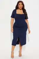 Elegant Ponte Midi Dress with Square Neckline & Short Sleeves – Navy & Taupe Options(Navy,XS)