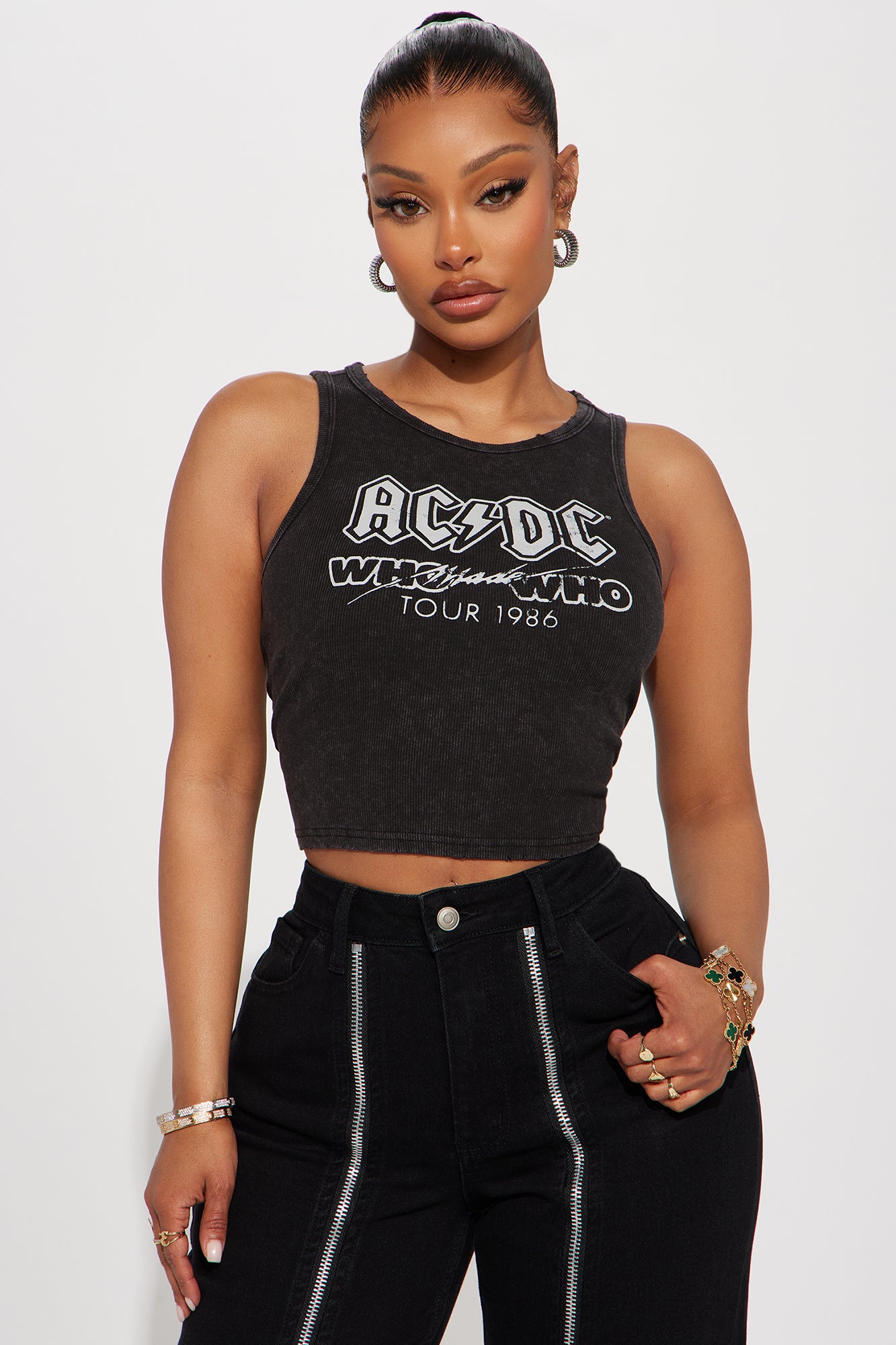 AC/DC Graphic Stretch Washed Tank Top - Crew Neck Sleeveless (95% Cotton, 5% Spandex)