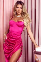 Elegant Magenta Satin Midi Dress with Adjustable Straps & Side Slit – Padded & Underwire for Perfect Fit(Magenta,XS)