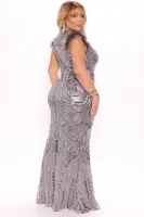 Sequin Maxi Dress with Feather Detail - Sleeveless Deep V-Neck in White, Silver, or Emerald(Silver,XS)