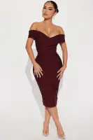Sexy Off-Shoulder Bandage Midi Dress with Hidden Zipper – Burgundy & Red Stretch Polyester