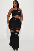 Elegant One-Shoulder Maxi Dress with Twist Detail & Ruffle Hem – Black & Cream(Black,XS)