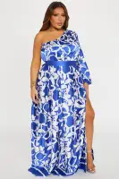 Elegant One Shoulder Satin Maxi Dress with Balloon Sleeves & High Slit - Blue/Combo(Blue/combo,XS)