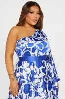 Elegant One Shoulder Satin Maxi Dress with Balloon Sleeves & High Slit - Blue/Combo(Blue/combo,XS)