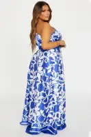 Elegant One Shoulder Satin Maxi Dress with Balloon Sleeves & High Slit - Blue/Combo(Blue/combo,XS)