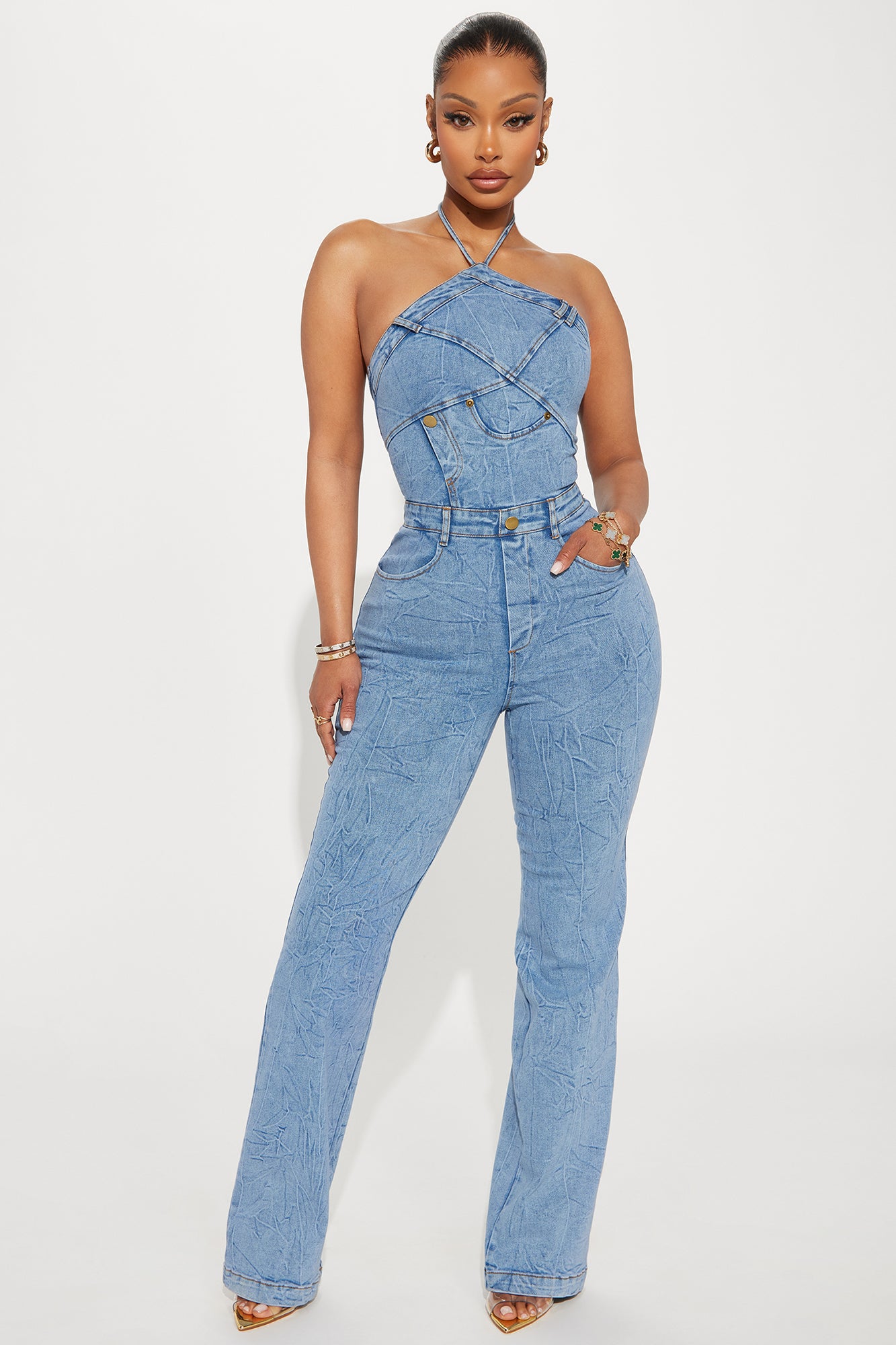 Y Neck Smocked Back Wide Leg Stretch Denim Jumpsuit