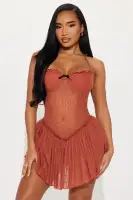 Rust Mesh Micro Mini Dress with Sweetheart Neckline & Sheer Back – Halter Style with Ruffle Trim & Bow Detail(Rust,XS)