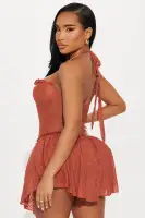 Rust Mesh Micro Mini Dress with Sweetheart Neckline & Sheer Back – Halter Style with Ruffle Trim & Bow Detail(Rust,XS)