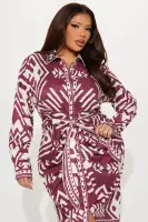 Elegant Satin Shirt Midi Dress with Tie Waist – Navy & Burgundy(Burgundy,XS)