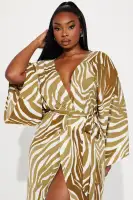 Elegant Olive Satin Maxi Dress with V-Neck & High Slit – Stretchy & Tie Waist(Olive,XS)