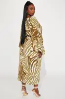 Elegant Olive Satin Maxi Dress with V-Neck & High Slit – Stretchy & Tie Waist(Olive,XS)