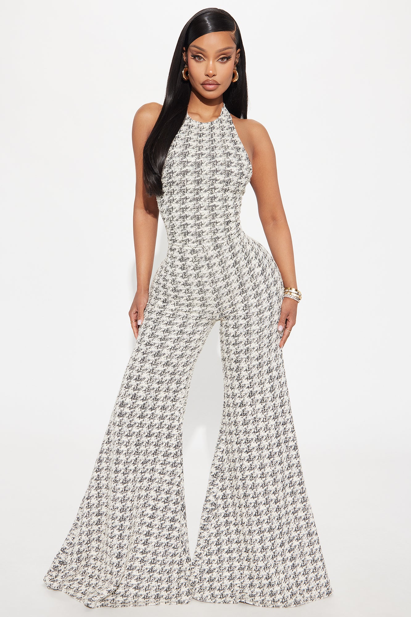 Tie Halter Tweed Wide Leg Stretch Jumpsuit
