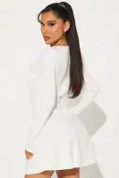 Chic Black & Off White Ponte Mini Dress - Notch Neckline, Long Sleeves & Back Zipper(Off White,XS)