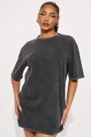 Graphic Print Stretch Cotton Mini Dress - Charcoal Crew Neck Tee Dress (32 Length)(Charcoal,XS)