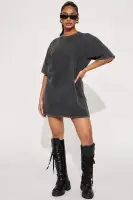 Graphic Print Stretch Cotton Mini Dress - Charcoal Crew Neck Tee Dress (32 Length)(Charcoal,XS)