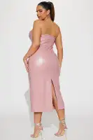 Elegant Mauve Faux Leather Midi Dress – Strapless Sweetheart Neckline with Padded Bra Cups & Back Slit(Mauve,XS)