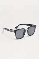 Square Plastic Frame Gold Temple Detail Sunglasses(Black,OS)