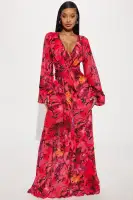 Elegant Fuchsia Floral Maxi Dress with Surplice Neckline & Tie Waist