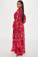 Elegant Fuchsia Floral Maxi Dress with Surplice Neckline & Tie Waist(Fuchsia,XS)