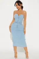 Strapless Denim Midi Dress with Corset Detail & Pockets - Light & Medium Wash