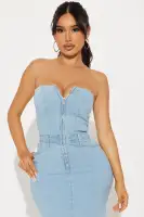 Strapless Denim Midi Dress with Corset Detail & Pockets - Light & Medium Wash(Light Wash,S)