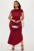 Burgundy & Rust Short Sleeve Midi Dress – High Neck, Asymmetrical Hem & Stretchy Comfort(Burgundy,XS)