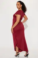 Burgundy & Rust Short Sleeve Midi Dress – High Neck, Asymmetrical Hem & Stretchy Comfort(Burgundy,XS)