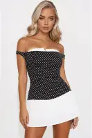 Chic Off-Shoulder Polka Dot Mini Dress - Black/White/Navy, Sleeveless with Pleated Back & Zipper(Black/White,XS)