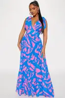 Elegant Pink Maxi Dress with V-Neckline, Self-Tie Shoulders & Ruffle Skirt – Flowy Elastic Waist V-Back Design