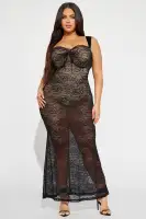 Elegant Black Lace Maxi Dress with Sweetheart Neckline & Built-In Bodysuit(Black,XS)
