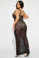 Elegant Black Lace Maxi Dress with Sweetheart Neckline & Built-In Bodysuit(Black,XS)