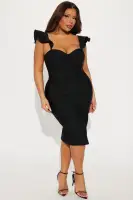 Sexy Black Bandage Midi Dress with Sweetheart Neckline & Corset Waist – Stretchy & Padded(Black,XS)