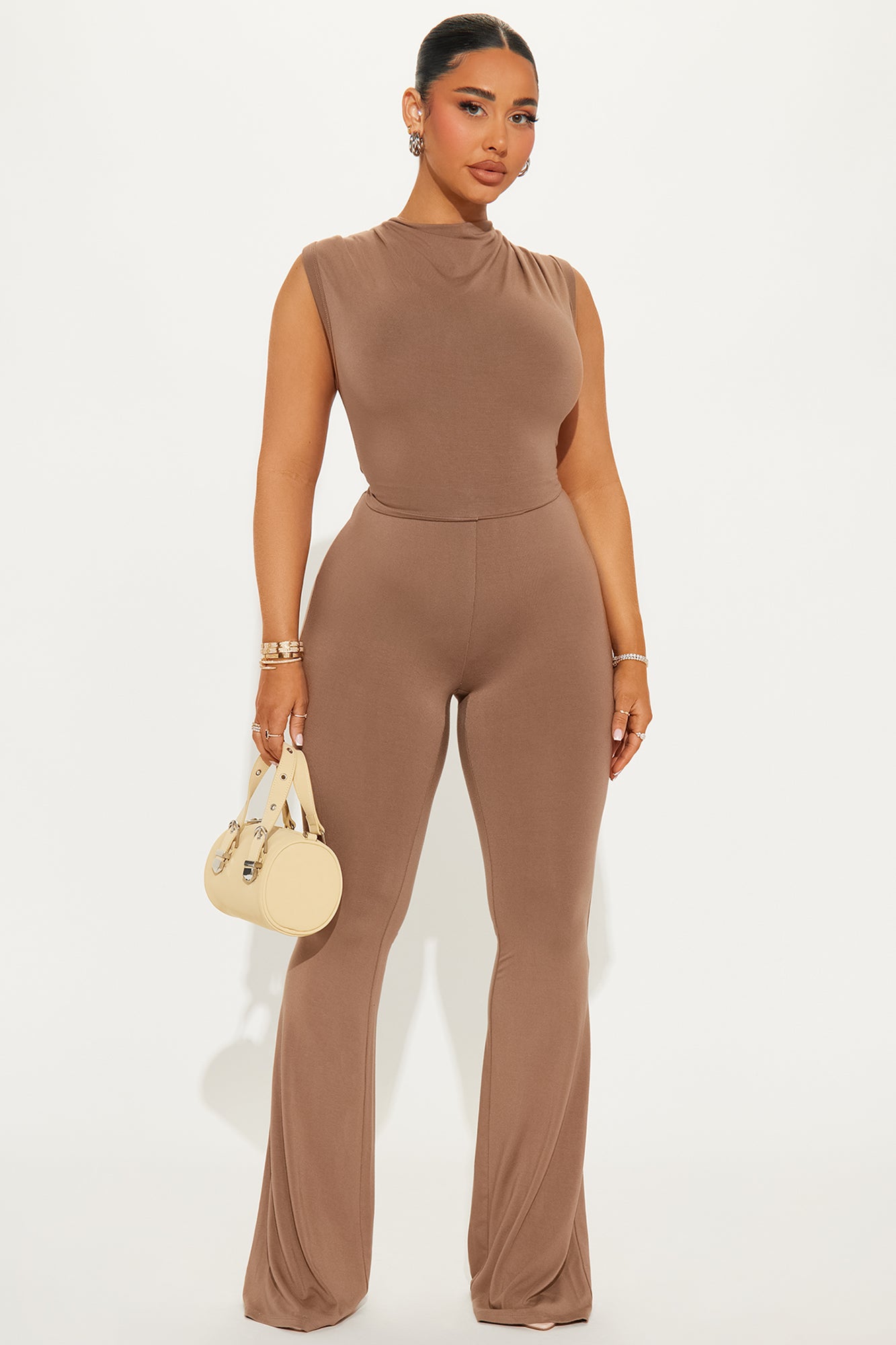 Mock Neck Sleeveless Ruched Detail Flare Leg Hidden Back Zipper Stretch Jumpsuit