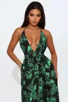 Elegant Black Printed Maxi Dress with Deep V-Neck & High Slit – Flowy Ruffle Skirt & Backless Design(Black/combo,XS)