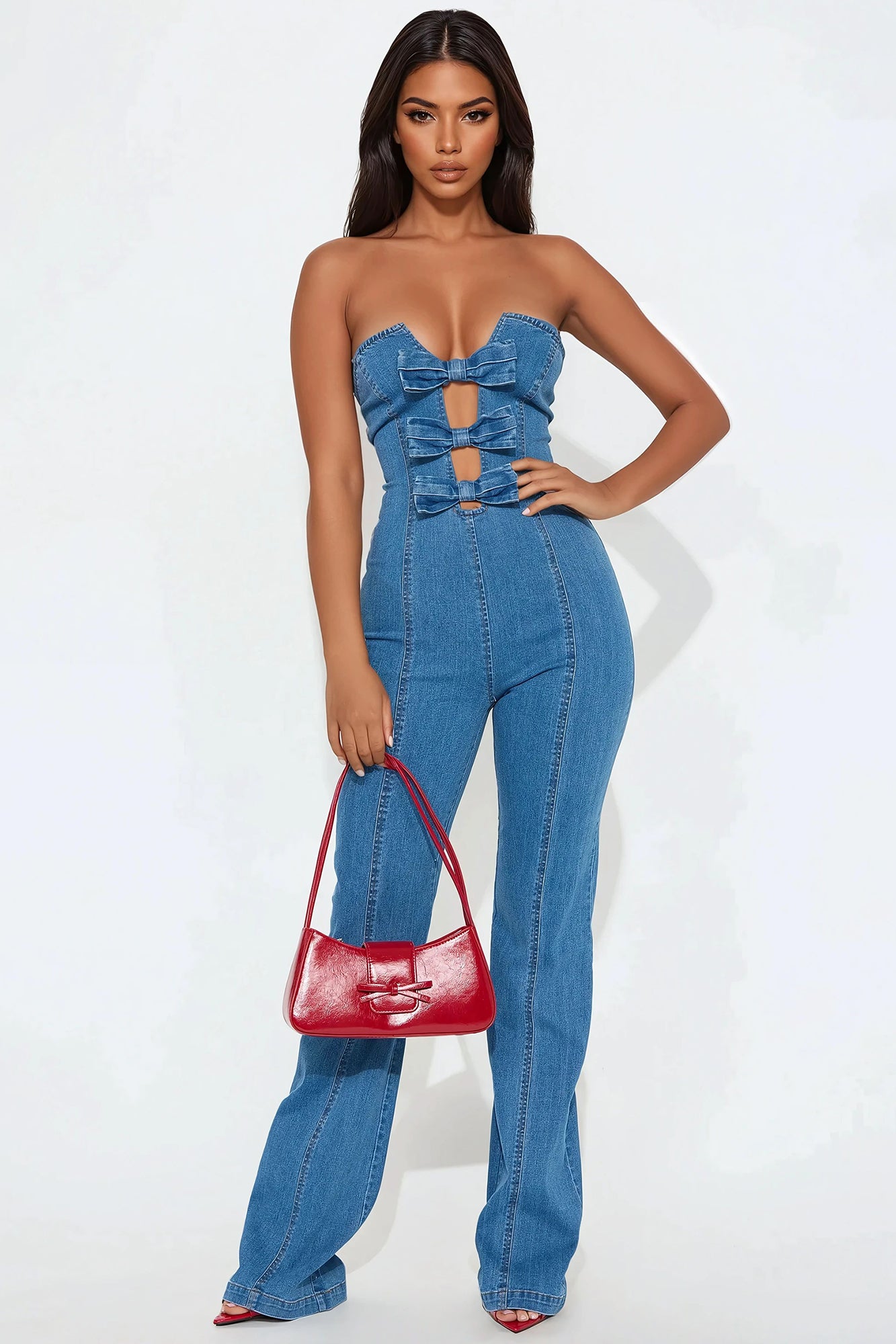 Strapless V-Wire Bow Detail Back Zipper Flare Leg Denim Jumpsuit