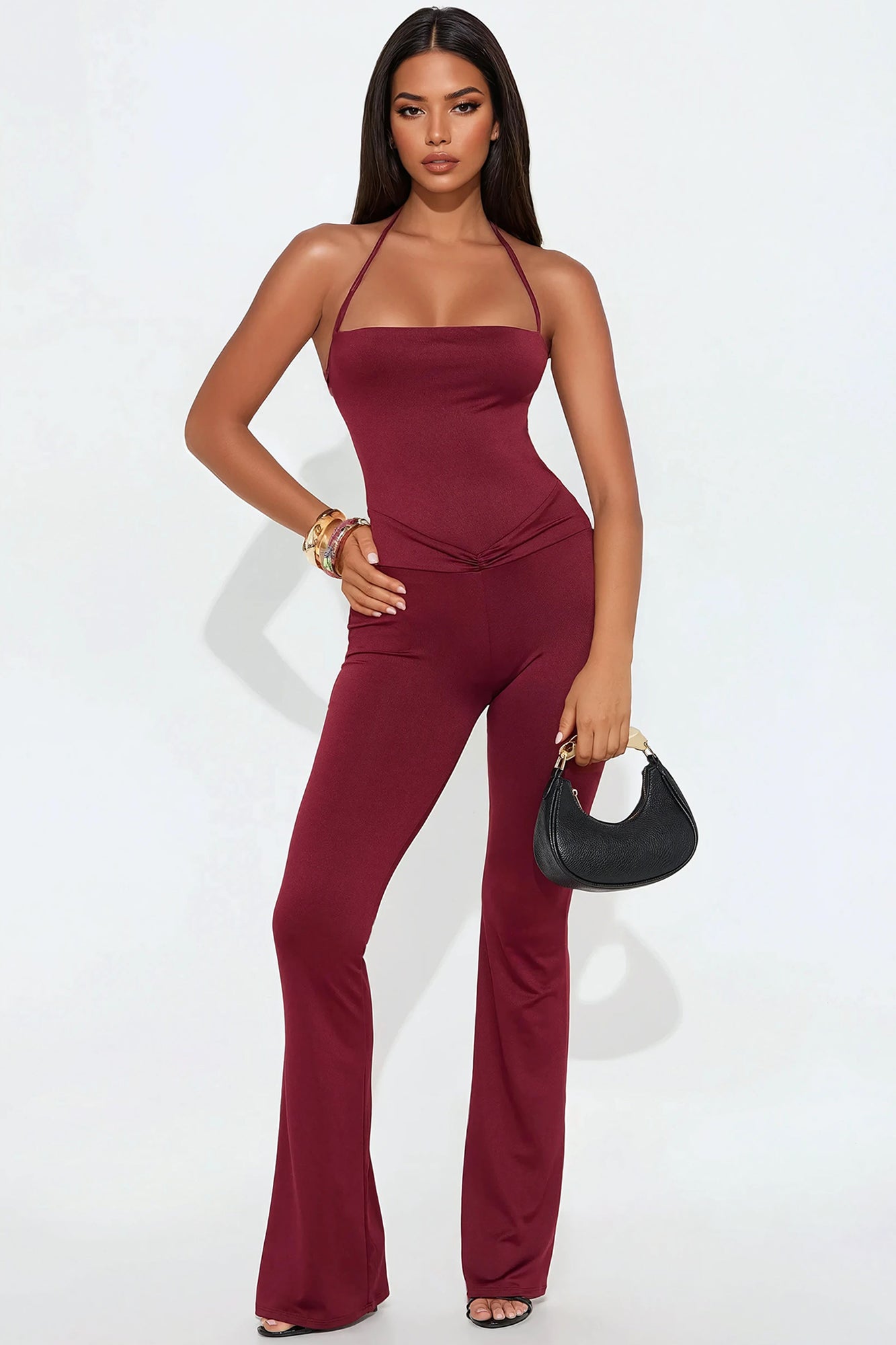 Braided Strap Back Tie Detail Flare Leg Stretch Jumpsuit