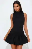 Elegant Mock Neck Bubble Hem Dress - Sleeveless Stretch Rayon Blend - Black(Black,regular,XS)