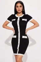 Stylish Black Knit Mini Dress with Contrast Trim & Button Front