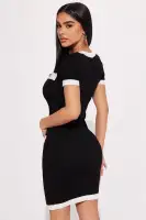 Stylish Black Knit Mini Dress with Contrast Trim & Button Front(Black/combo,XS)