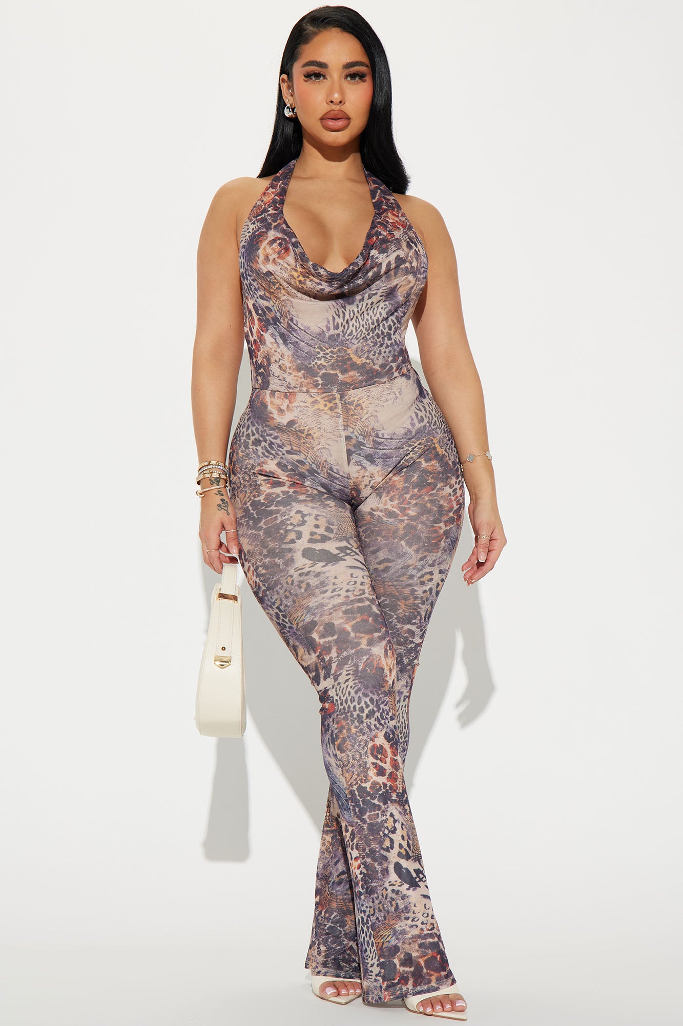 Halter Cowl Neck Back Tie Low Back Flare Leg Stretch Jumpsuit