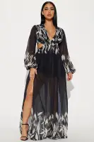 Elegant Black Chiffon Maxi Dress with Balloon Sleeves & Cut-Out Details