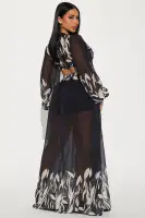 Elegant Black Chiffon Maxi Dress with Balloon Sleeves & Cut-Out Details(Black/combo,XS)
