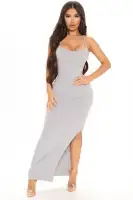 Elegant Maxi Dress with Adjustable Straps & High Slit Back – Cotton Blend in 5 Colors(Heather Grey,S)