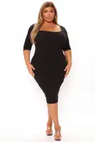 Elegant Square Neck Midi Dress - Stretch Cotton Blend in Black, Charcoal & Wine(Black,S)