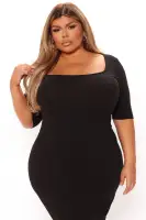 Elegant Square Neck Midi Dress - Stretch Cotton Blend in Black, Charcoal & Wine(Black,S)