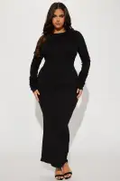 Elegant Black Ribbed Maxi Dress with High Neck & Long Sleeves – Button Back Closure, Stretchy Rayon Blend(Black,XS)