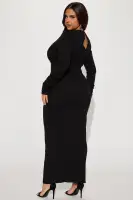 Elegant Black Ribbed Maxi Dress with High Neck & Long Sleeves – Button Back Closure, Stretchy Rayon Blend(Black,XS)